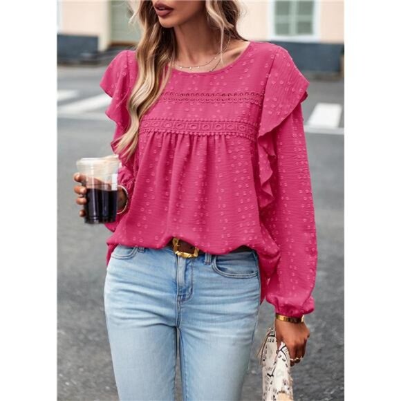 Women's Long Sleeve Blouses Rose Red - Picture 5 of 6